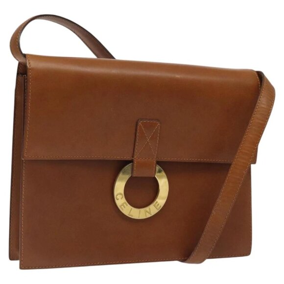 CELINE Circle Shoulder Bag Leather Brown Gold Auth - Picture 1 of 14